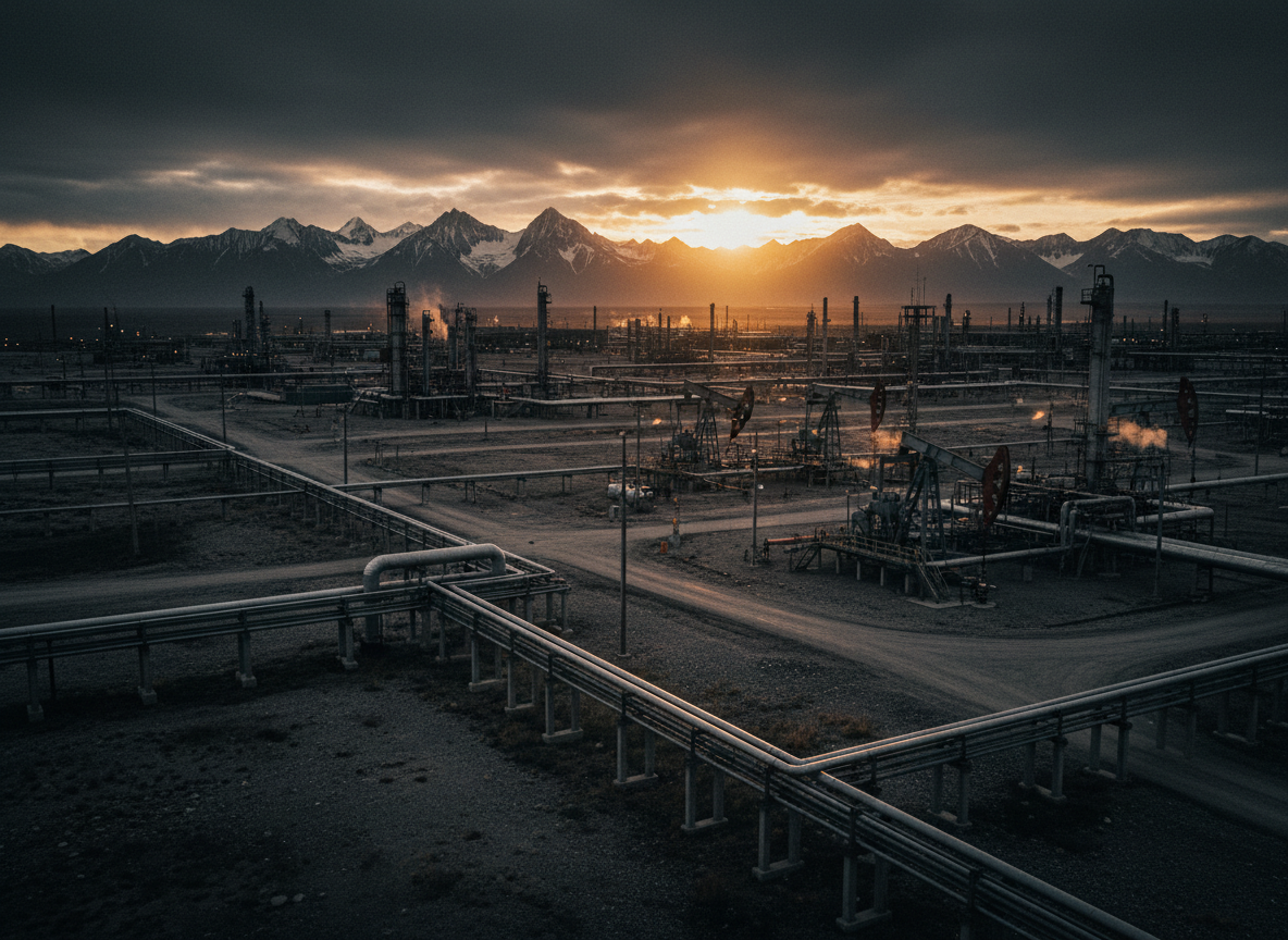 Dramatic wide cinematic photograph of a remote industrial oil field at dusk, pipelines and rugged terrain stretching into distant mountains, dark moody near-black atmosphere with warm amber golden light on the horizon