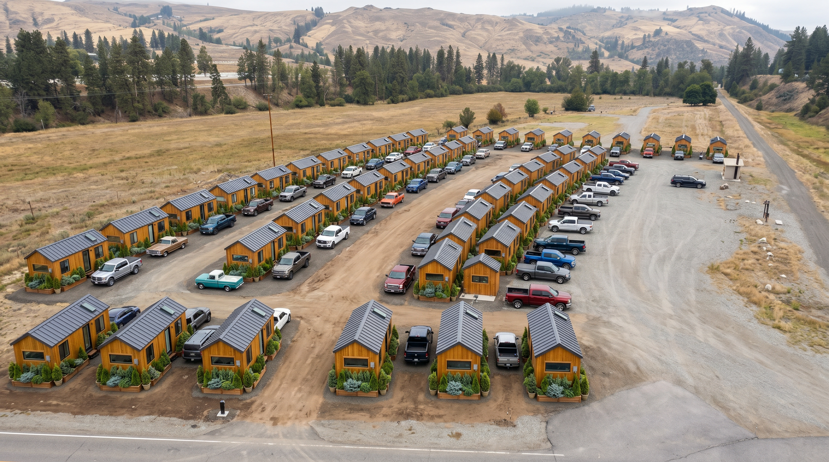 Aerial view of The Outpost workforce housing community with rows of cabin-style units